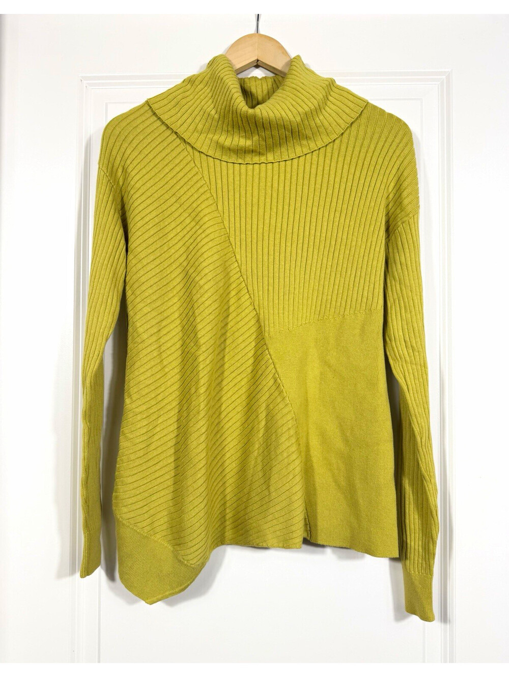 Cabi Mustard Chartreuse Cowl Neck Ribbed Sweater XS Asymmetrical Hem Knit Fall